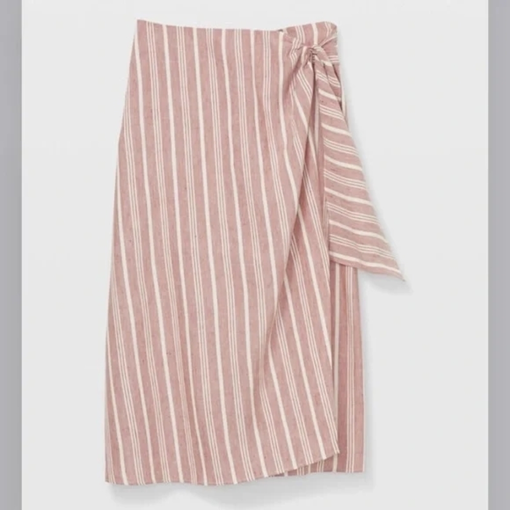 Club Monaco Midi Pencil Wrap Skirt – White Pink Stripe Linen Blend Boho | S